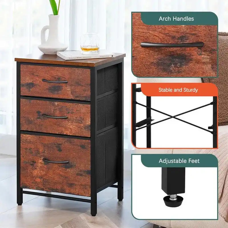 Nightstand with 3 Storage Drawers, Wood Top and Metal Frame