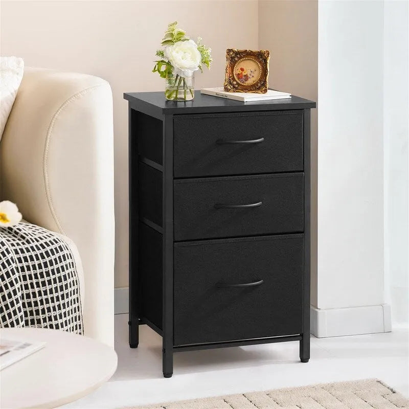 Nightstand with 3 Storage Drawers, Wood Top and Metal Frame