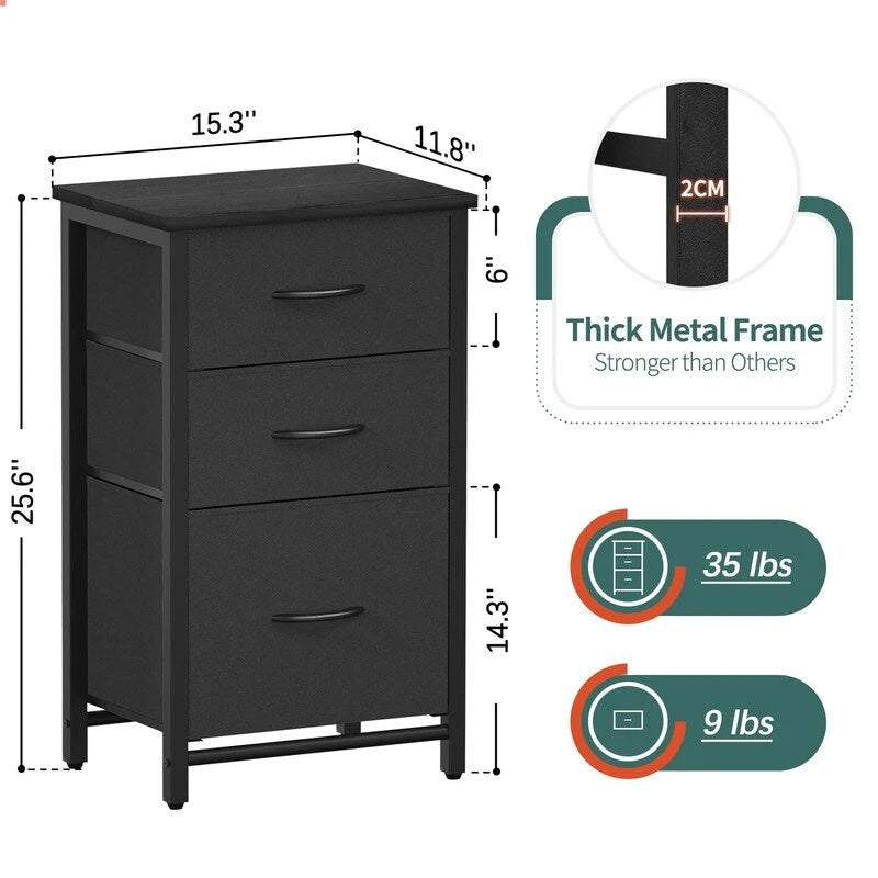 Nightstand with 3 Storage Drawers, Wood Top and Metal Frame
