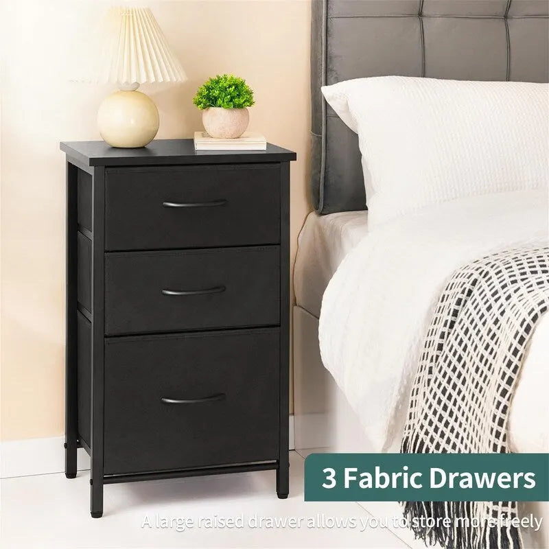 Nightstand with 3 Storage Drawers, Wood Top and Metal Frame