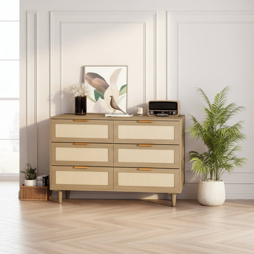 Rattan Drawer Dresser with 6 Drawers, Perfect for Bedroom and Living Room