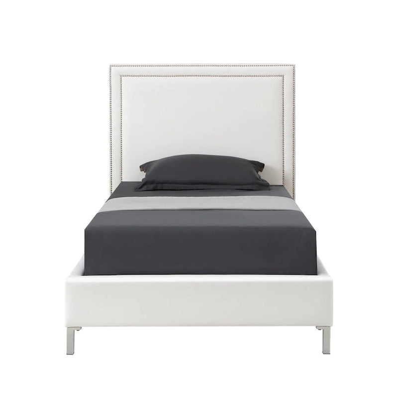 White Solid Wood Twin Bed with Faux Leather Upholstery and Nailhead Trim