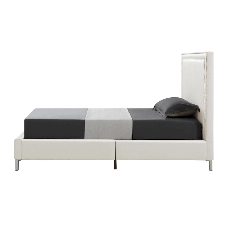 White Solid Wood Twin Bed with Faux Leather Upholstery and Nailhead Trim