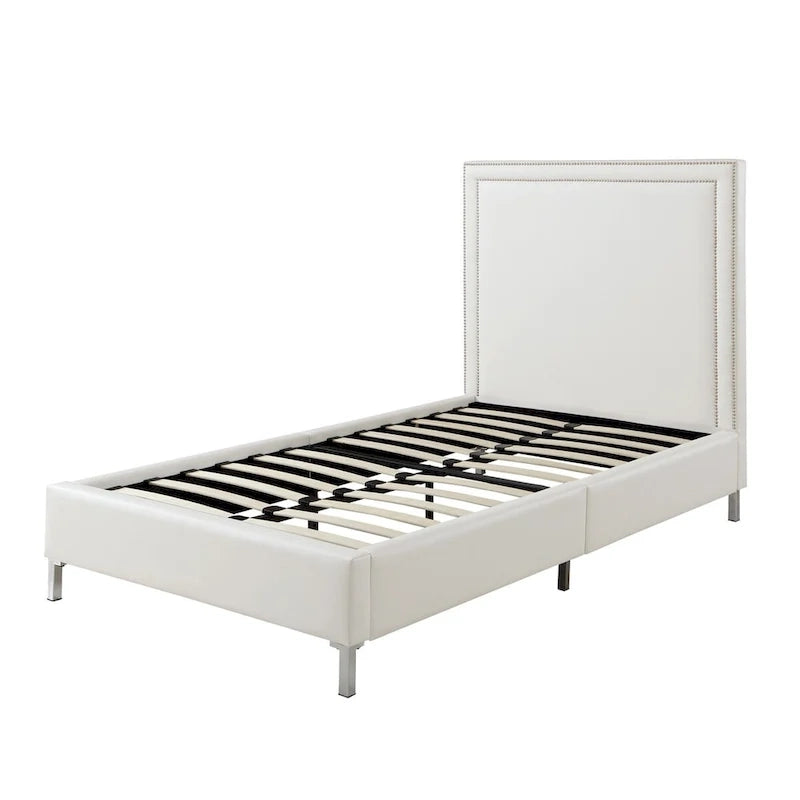 White Solid Wood Twin Bed with Faux Leather Upholstery and Nailhead Trim