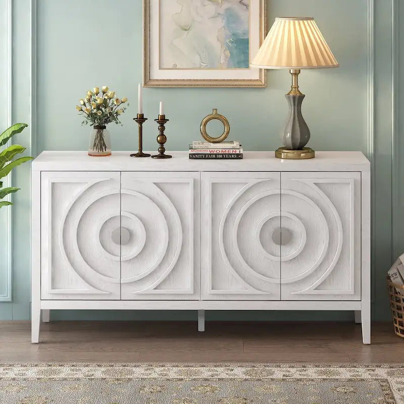 Retro 4-Door Sideboard with Curved Design and Adjustable Shelves, Multiple Colors