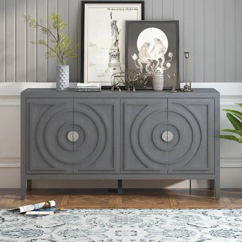 Retro 4-Door Sideboard with Curved Design and Adjustable Shelves, Multiple Colors