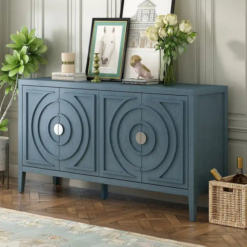 Retro 4-Door Sideboard with Curved Design and Adjustable Shelves, Multiple Colors