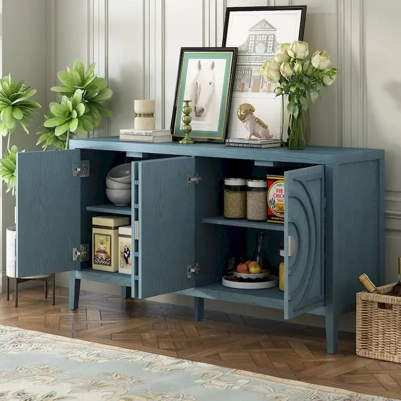 Retro 4-Door Sideboard with Curved Design and Adjustable Shelves, Multiple Colors