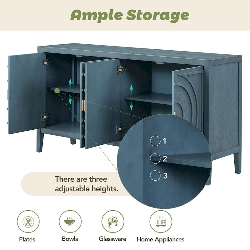 Retro 4-Door Sideboard with Curved Design and Adjustable Shelves, Multiple Colors