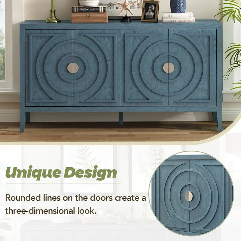 Retro 4-Door Sideboard with Curved Design and Adjustable Shelves, Multiple Colors