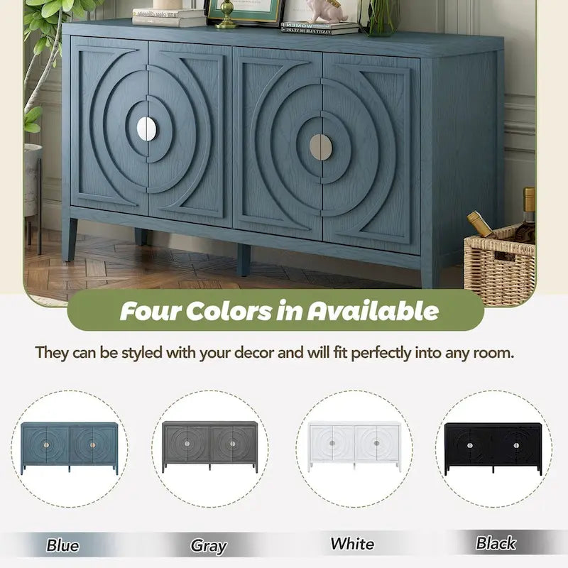 Retro 4-Door Sideboard with Curved Design and Adjustable Shelves, Multiple Colors