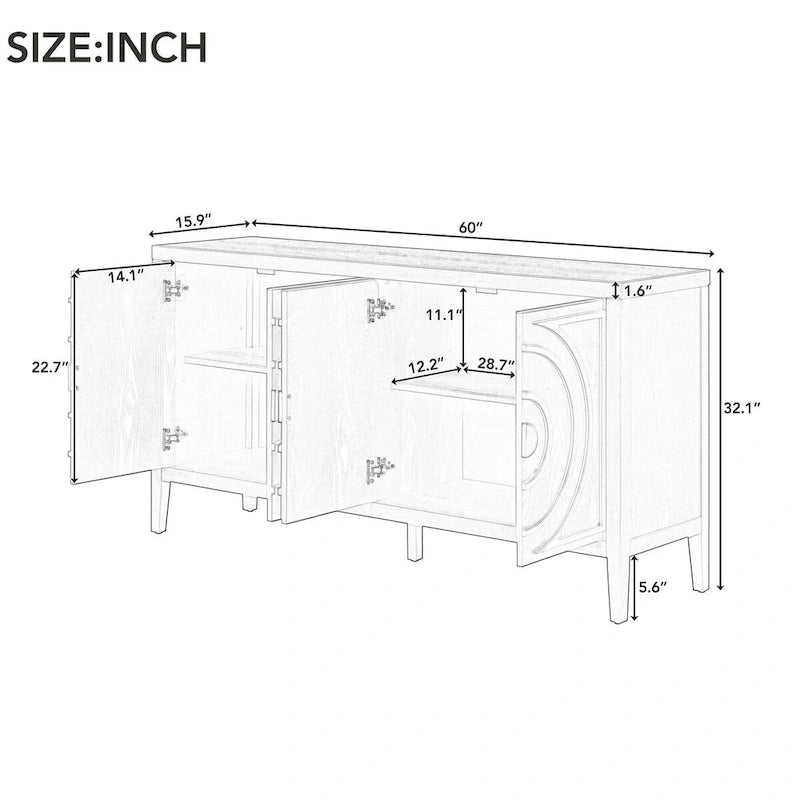 Retro 4-Door Sideboard with Curved Design and Adjustable Shelves, Multiple Colors