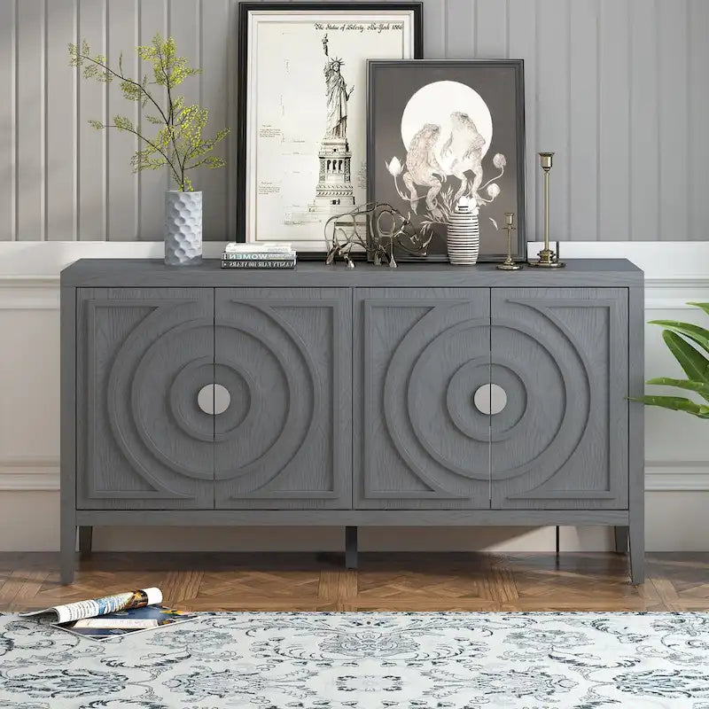 Retro 4-Door Sideboard with Curved Design and Adjustable Shelves, Multiple Colors
