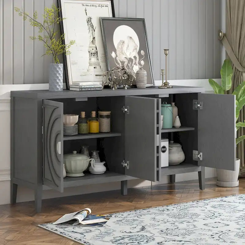 Retro 4-Door Sideboard with Curved Design and Adjustable Shelves, Multiple Colors