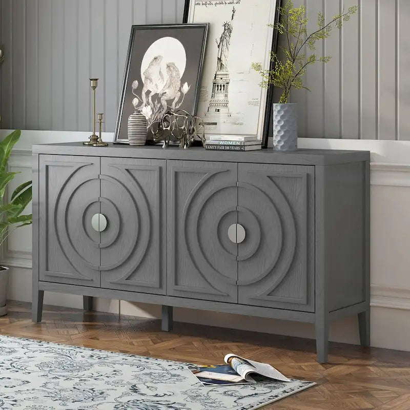 Retro 4-Door Sideboard with Curved Design and Adjustable Shelves, Multiple Colors