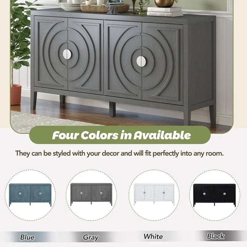 Retro 4-Door Sideboard with Curved Design and Adjustable Shelves, Multiple Colors
