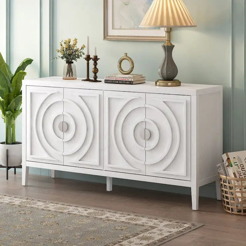 Retro 4-Door Sideboard with Curved Design and Adjustable Shelves, Multiple Colors