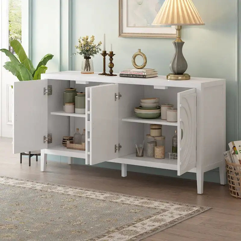 Retro 4-Door Sideboard with Curved Design and Adjustable Shelves, Multiple Colors