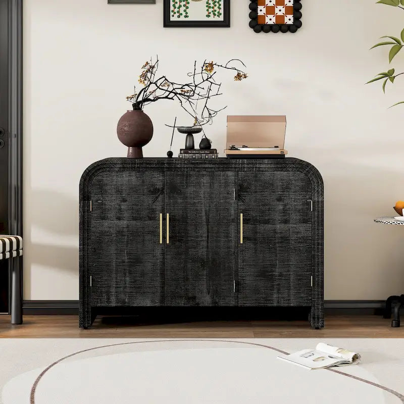 Retro Curved Sideboard with Gold Handles and Adjustable Shelves