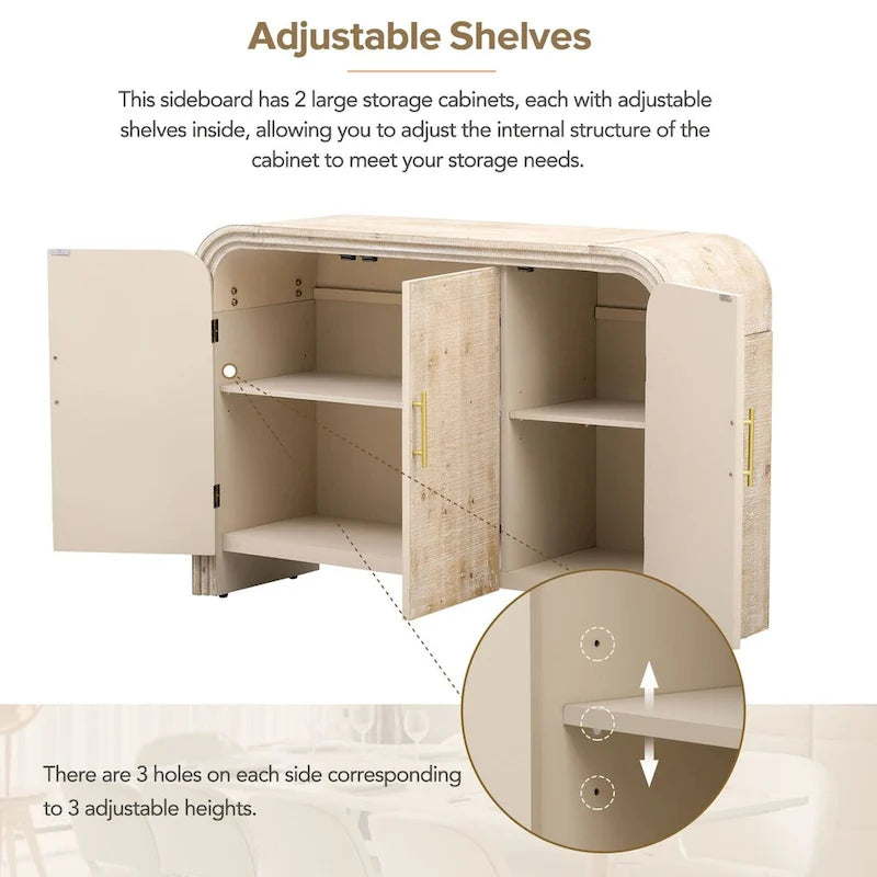 Retro Curved Sideboard with Gold Handles and Adjustable Shelves
