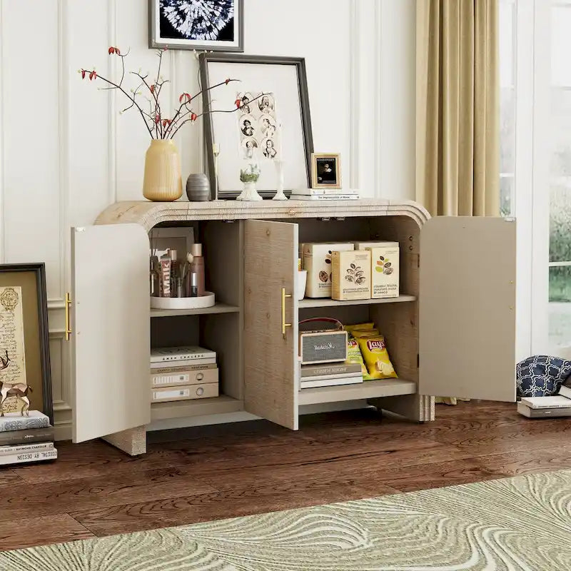 Retro Curved Sideboard with Gold Handles and Adjustable Shelves