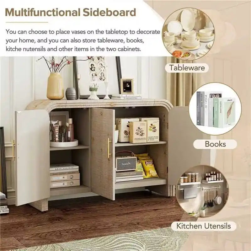 Retro Curved Sideboard with Gold Handles and Adjustable Shelves