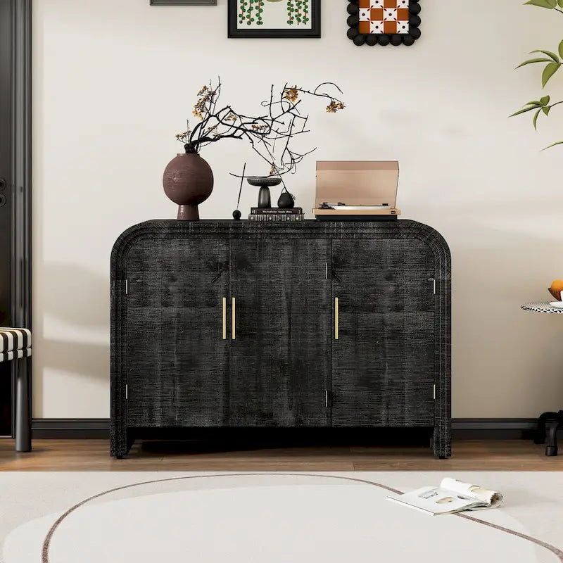 Retro Curved Sideboard with Gold Handles and Adjustable Shelves