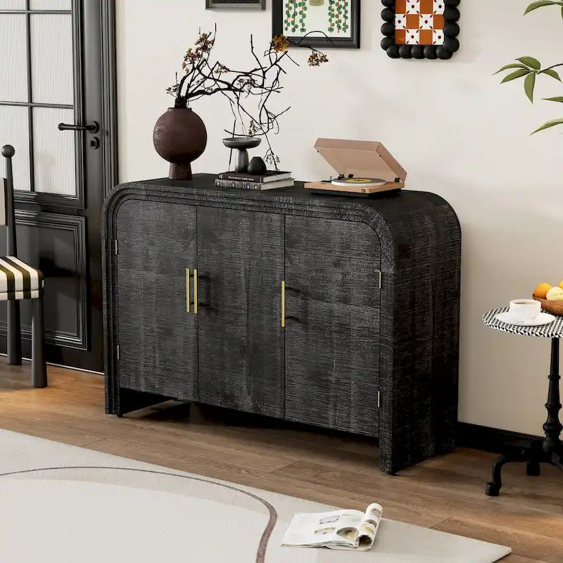 Retro Curved Sideboard with Gold Handles and Adjustable Shelves