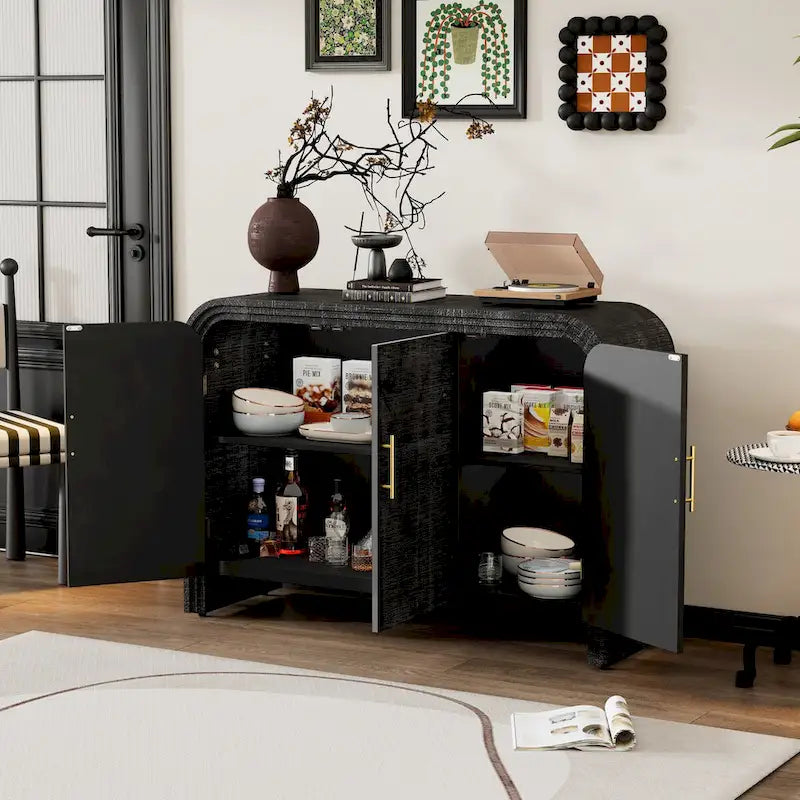 Retro Curved Sideboard with Gold Handles and Adjustable Shelves