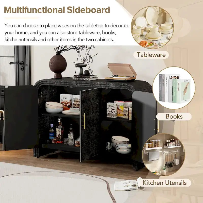 Retro Curved Sideboard with Gold Handles and Adjustable Shelves