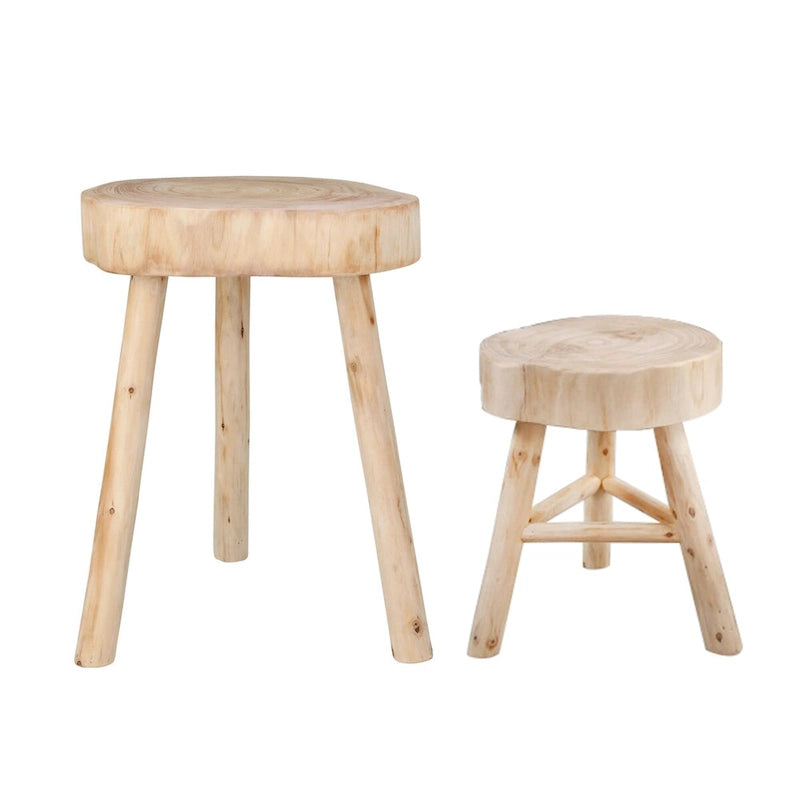 16-Inch Wood Stool with Live-Edge Round Top and Triangle Footrest
