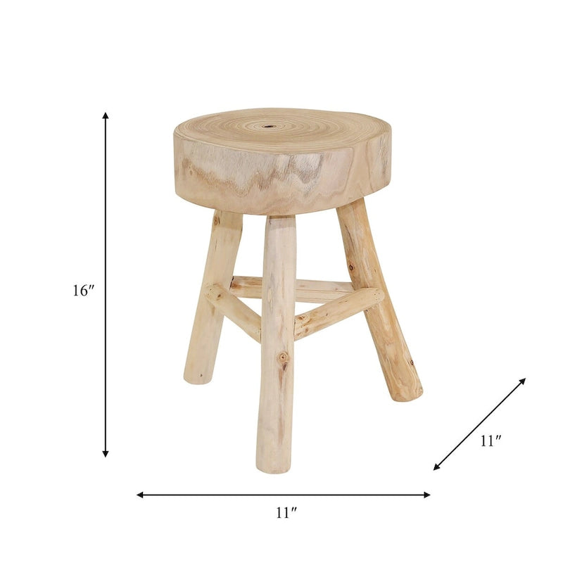 16-Inch Wood Stool with Live-Edge Round Top and Triangle Footrest
