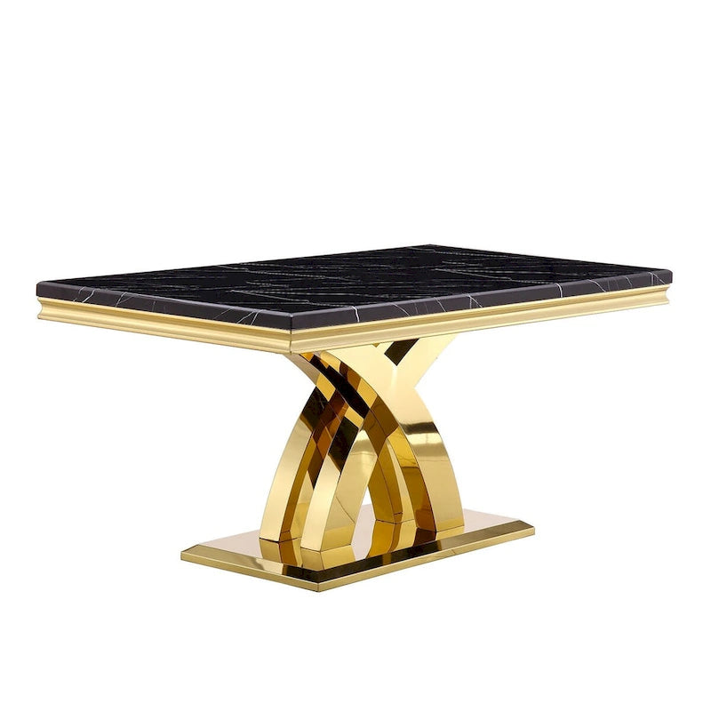 Black and Gold Dining Table with Double X Gold Metal Base, Seats 6