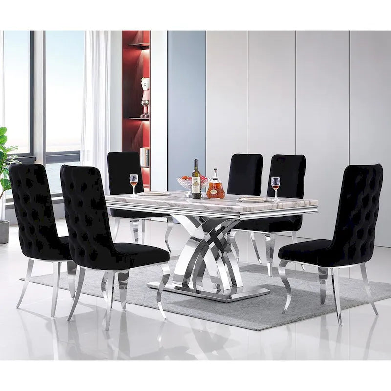 Black and Gold Dining Table with Double X Gold Metal Base, Seats 6