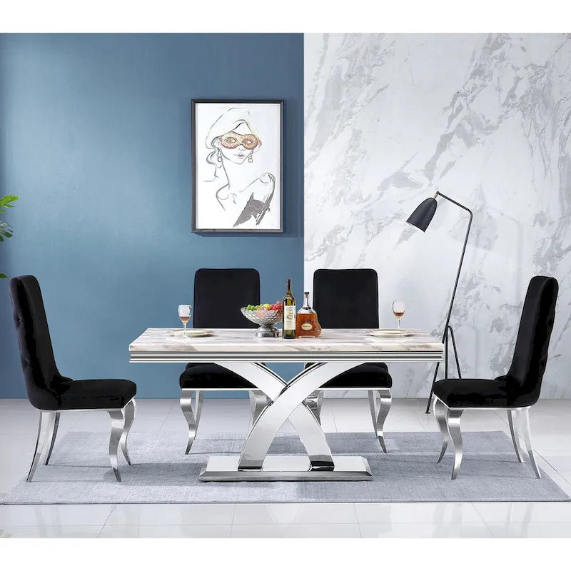 Black and Gold Dining Table with Double X Gold Metal Base, Seats 6
