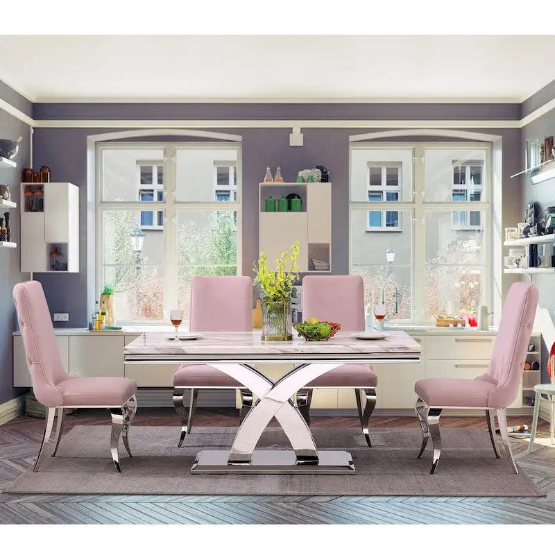 Black and Gold Dining Table with Double X Gold Metal Base, Seats 6