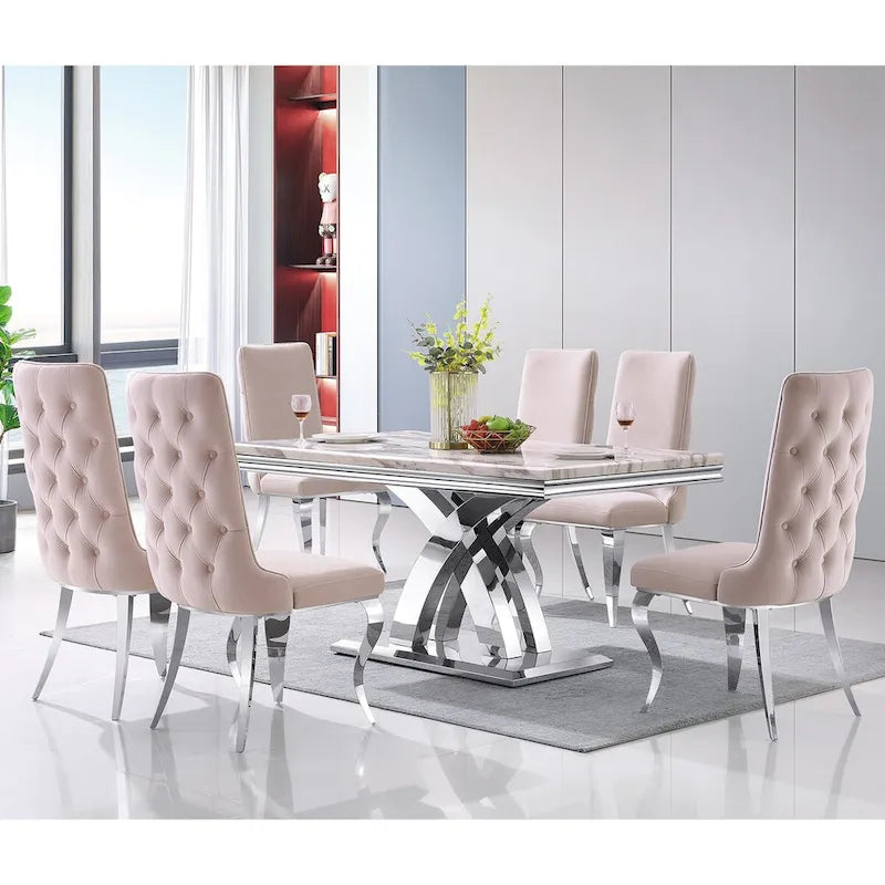 Black and Gold Dining Table with Double X Gold Metal Base, Seats 6