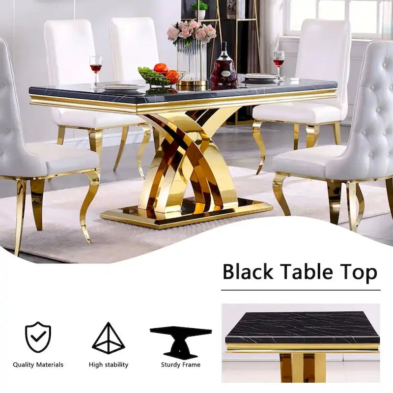 Black and Gold Dining Table with Double X Gold Metal Base, Seats 6