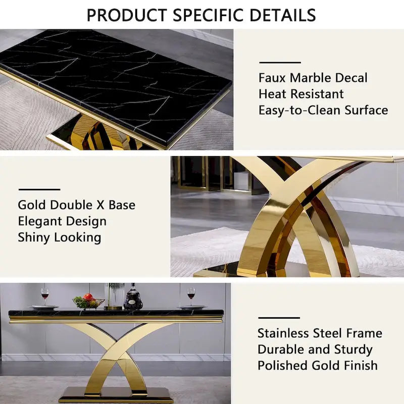 Black and Gold Dining Table with Double X Gold Metal Base, Seats 6