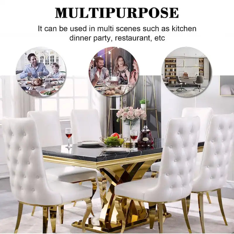 Black and Gold Dining Table with Double X Gold Metal Base, Seats 6