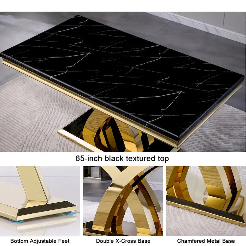 Black and Gold Dining Table with Double X Gold Metal Base, Seats 6