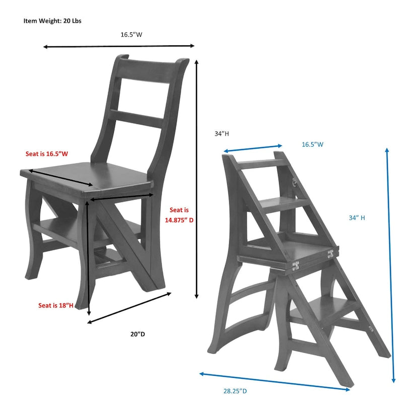 2-in-1 Folding Chair and Step Ladder, Solid Hardwood, Antique White