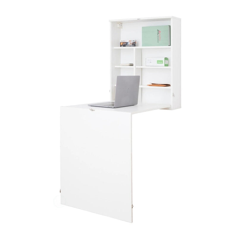 Wall-Mounted Fold-Out Desk with Shelves, Space-Saving Home Office Table