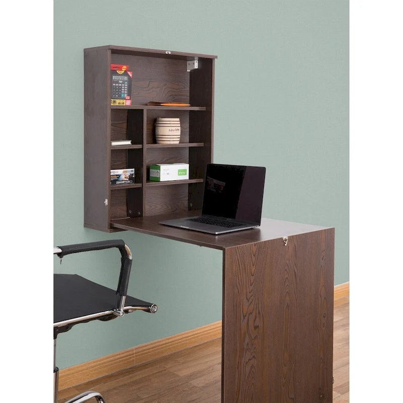 Wall-Mounted Fold-Out Desk with Shelves, Space-Saving Home Office Table
