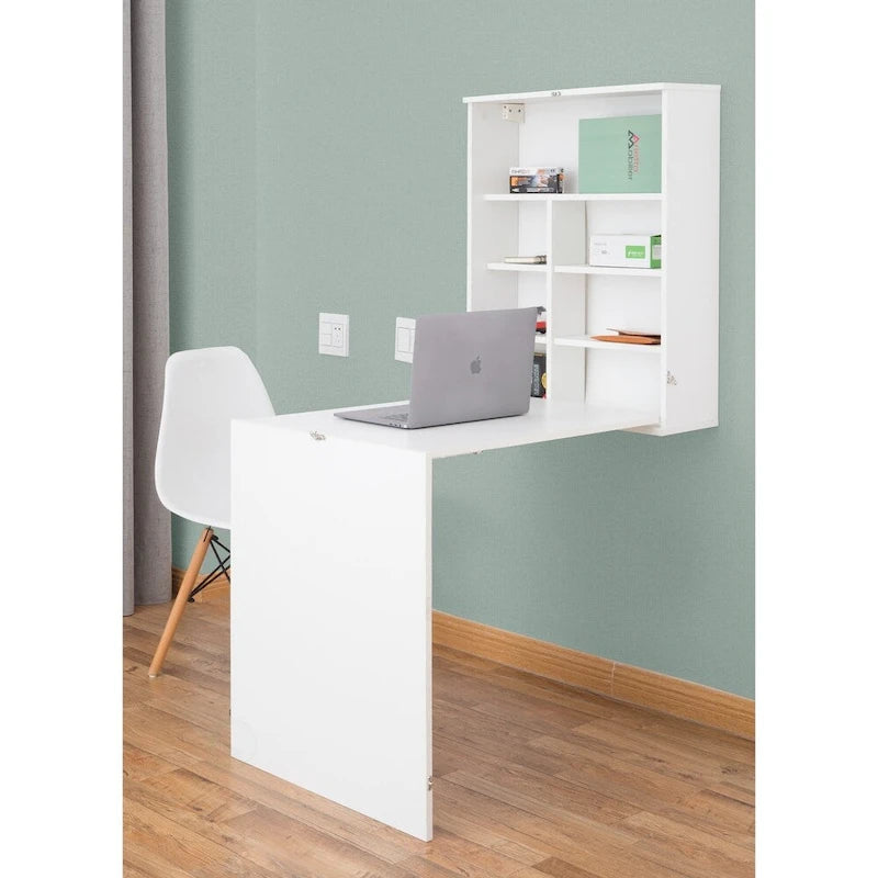 Wall-Mounted Fold-Out Desk with Shelves, Space-Saving Home Office Table