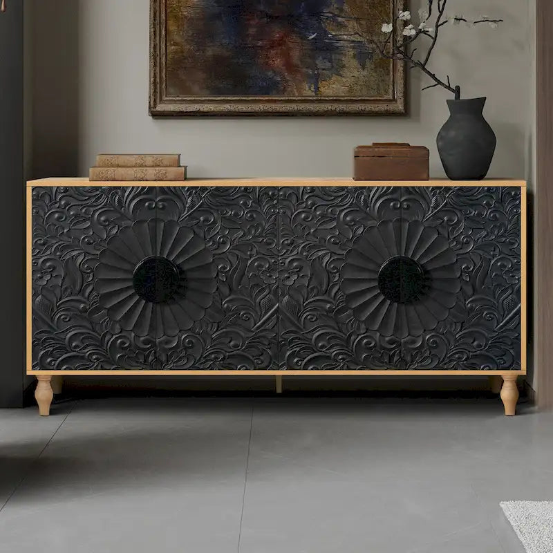 Sideboard with Carved Symmetrical Doors and Adjustable Shelves, TV Stand Compatible