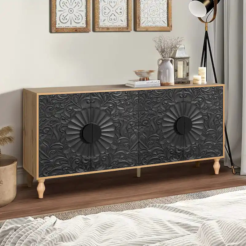 Sideboard with Carved Symmetrical Doors and Adjustable Shelves, TV Stand Compatible