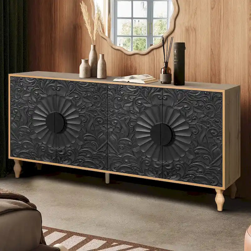 Sideboard with Carved Symmetrical Doors and Adjustable Shelves, TV Stand Compatible