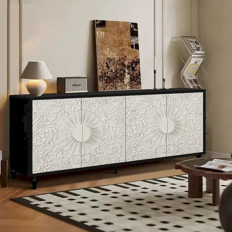 Sideboard with Carved Symmetrical Doors and Adjustable Shelves, TV Stand Compatible