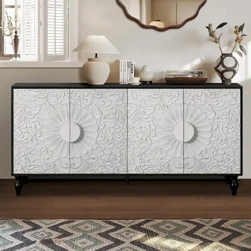 Sideboard with Carved Symmetrical Doors and Adjustable Shelves, TV Stand Compatible